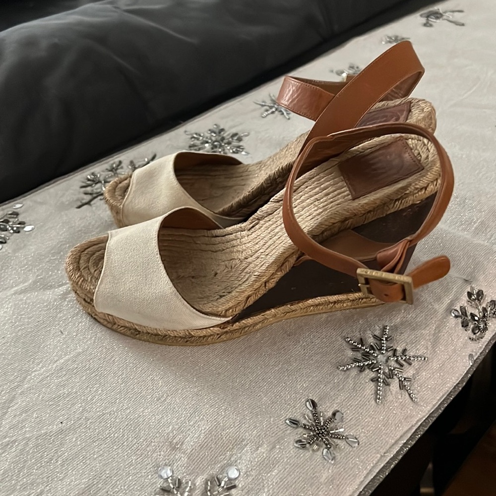 Tory Burch Brown Leather Espadrille Wedge Sandal